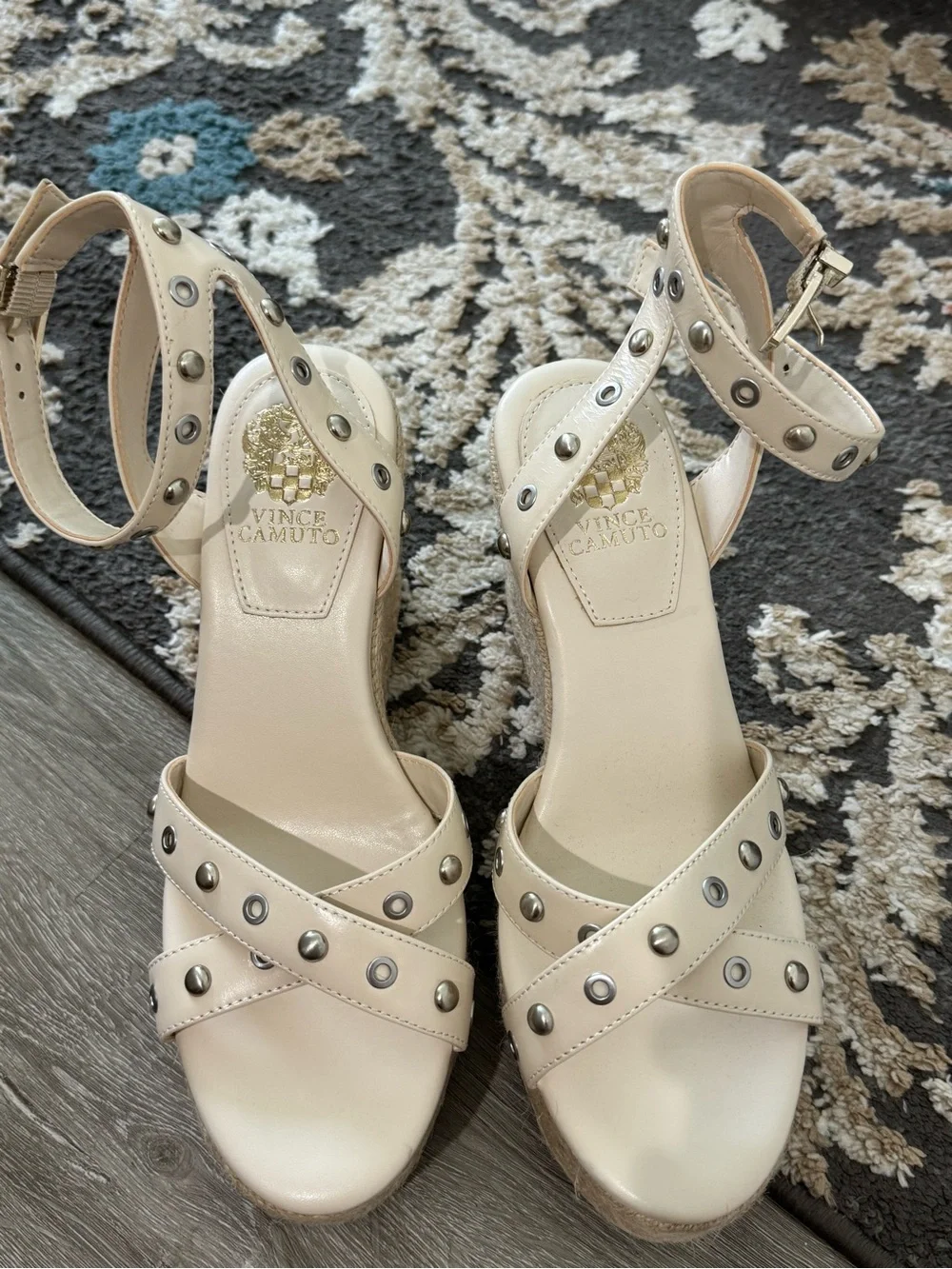 Vince Camuto Cream Studded Ankle-Strap Platform Sandals